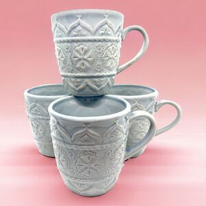 PIER 1 CHATEAU CLAIR Gray Coffee Mugs Tea Cups Hand Painted Stoneware Set of 4